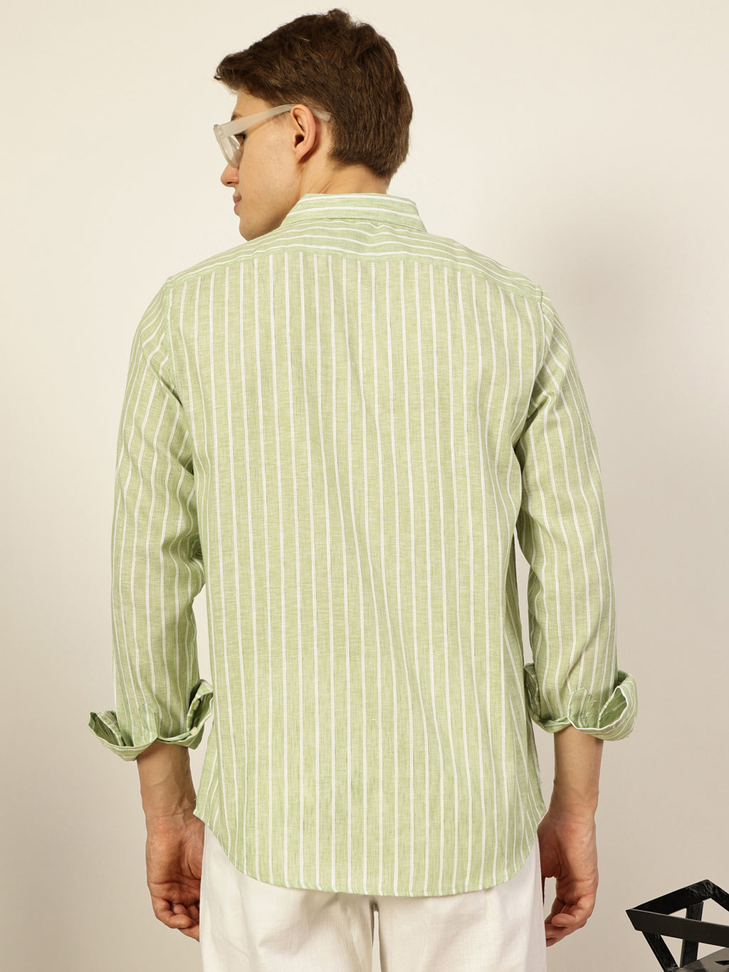 Thomas Scott Men Green Premium Vertical Striped Linen Slim Fit Casual Shirt