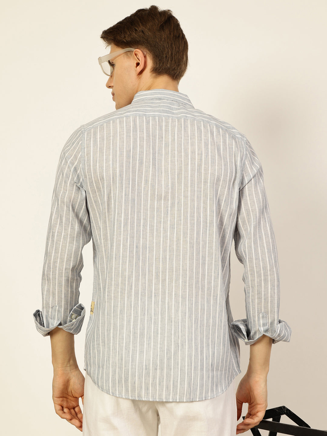 Thomas Scott Men Grey Striped Slim Fit Casual Shirt