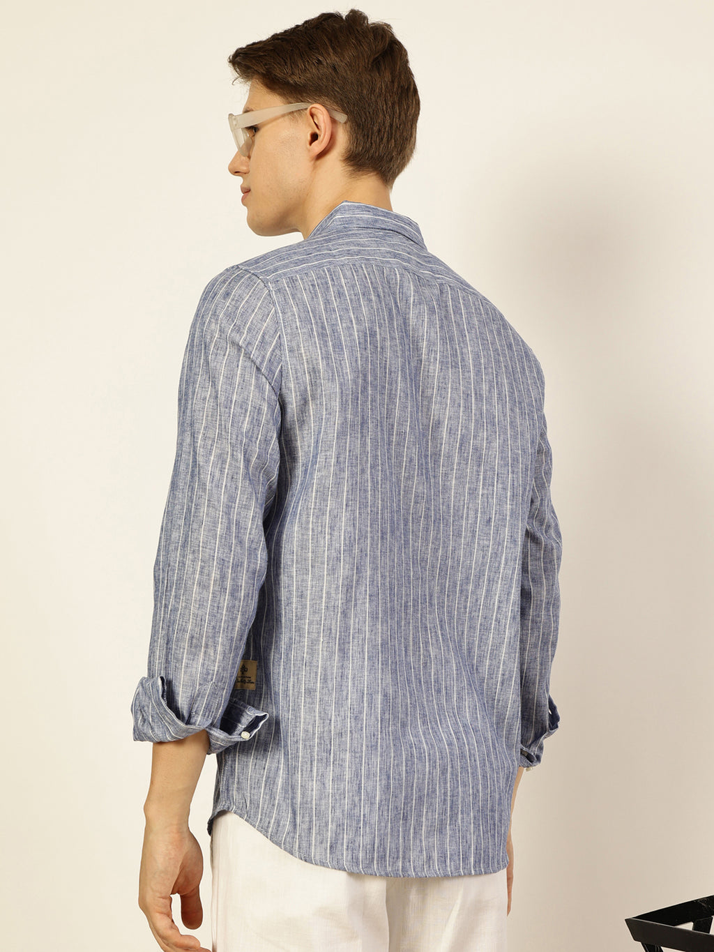 Thomas Scott Men Blue Premium Spread Collar Vertical Striped Linen Slim Fit Casual Shirt