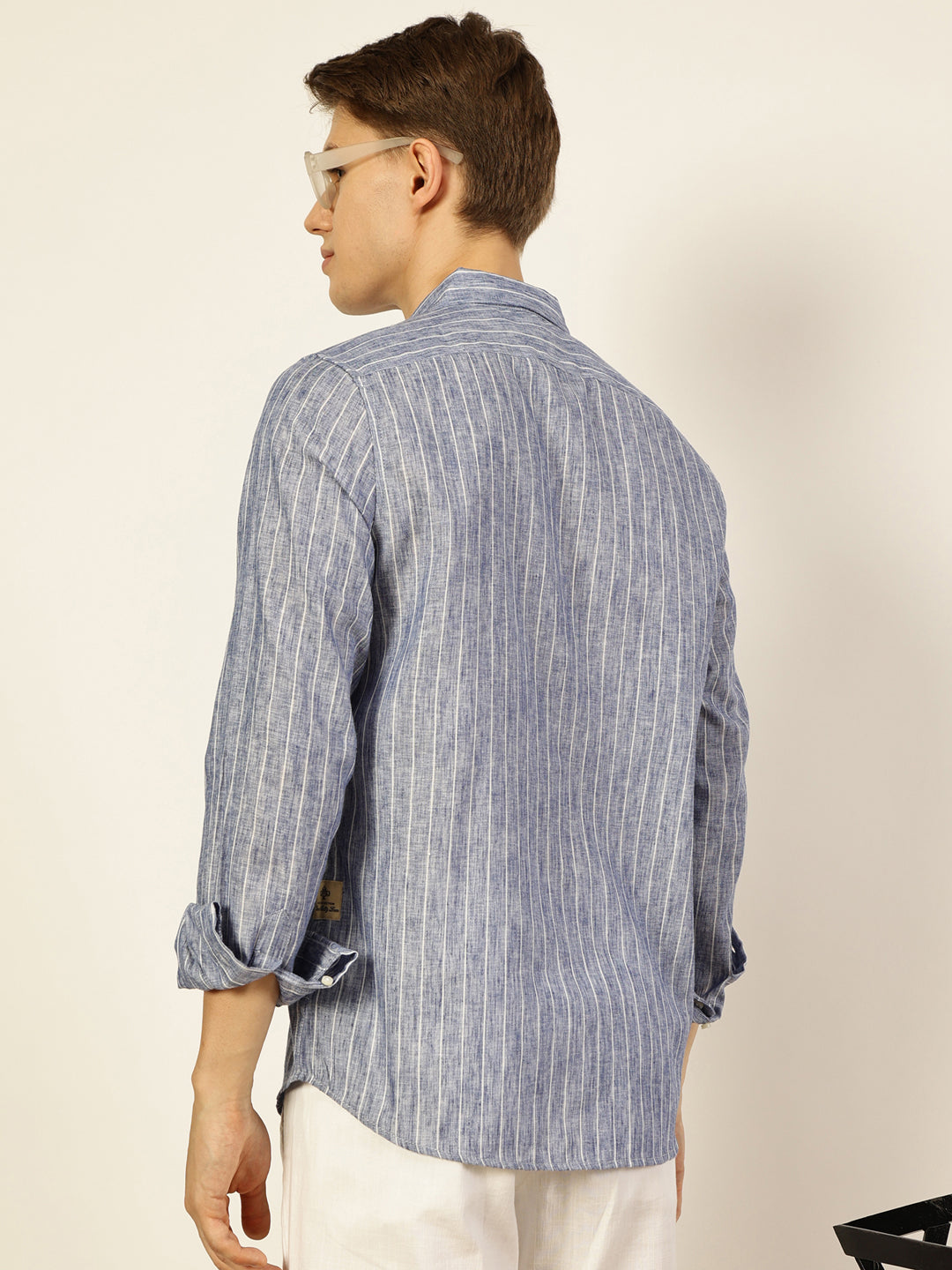 Thomas Scott Men Blue Premium Spread Collar Vertical Striped Linen Slim Fit Casual Shirt
