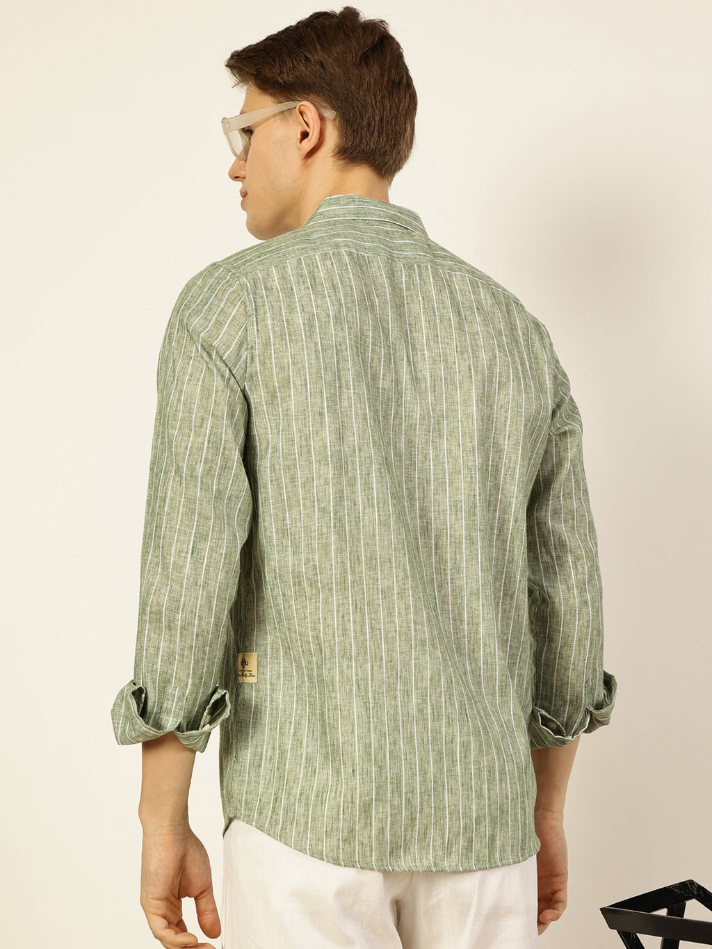 Thomas Scott Men Dark Green Premium Vertical Striped Linen Slim Fit Casual Shirt