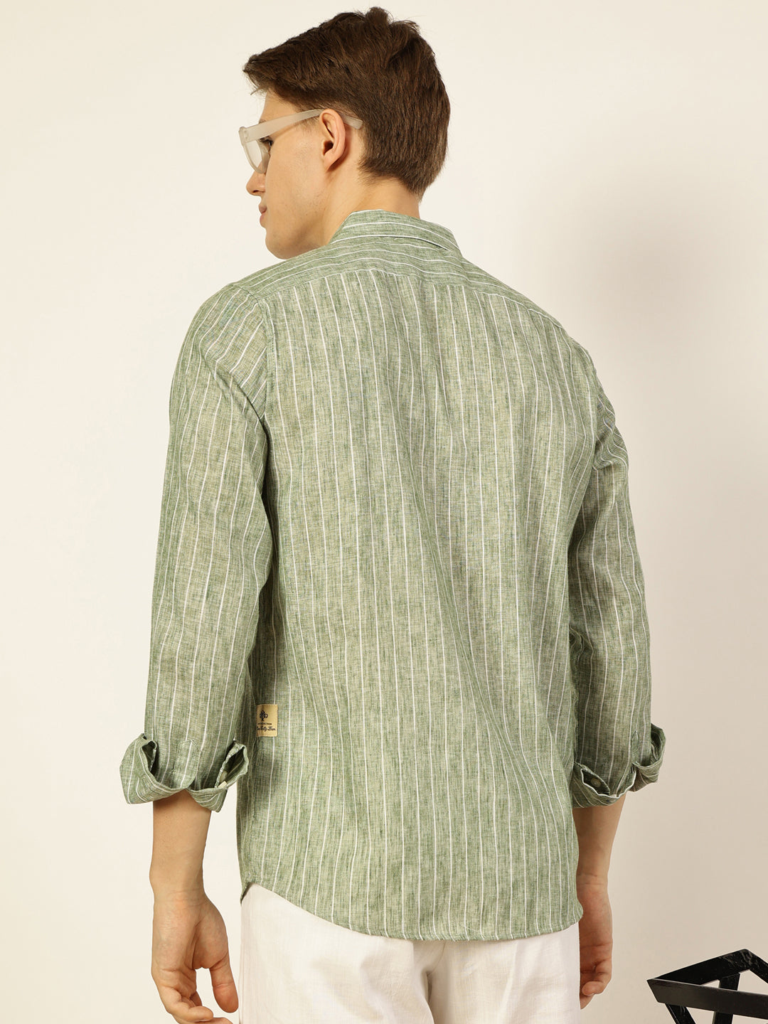 Thomas Scott Men Dark Green Premium Vertical Striped Linen Slim Fit Casual Shirt