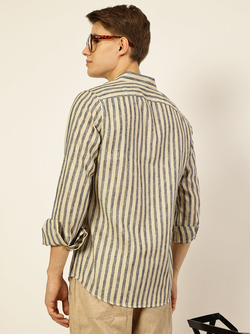 Thomas Scott Men Black Premium Vertical Striped Linen Slim Fit Casual Shirt