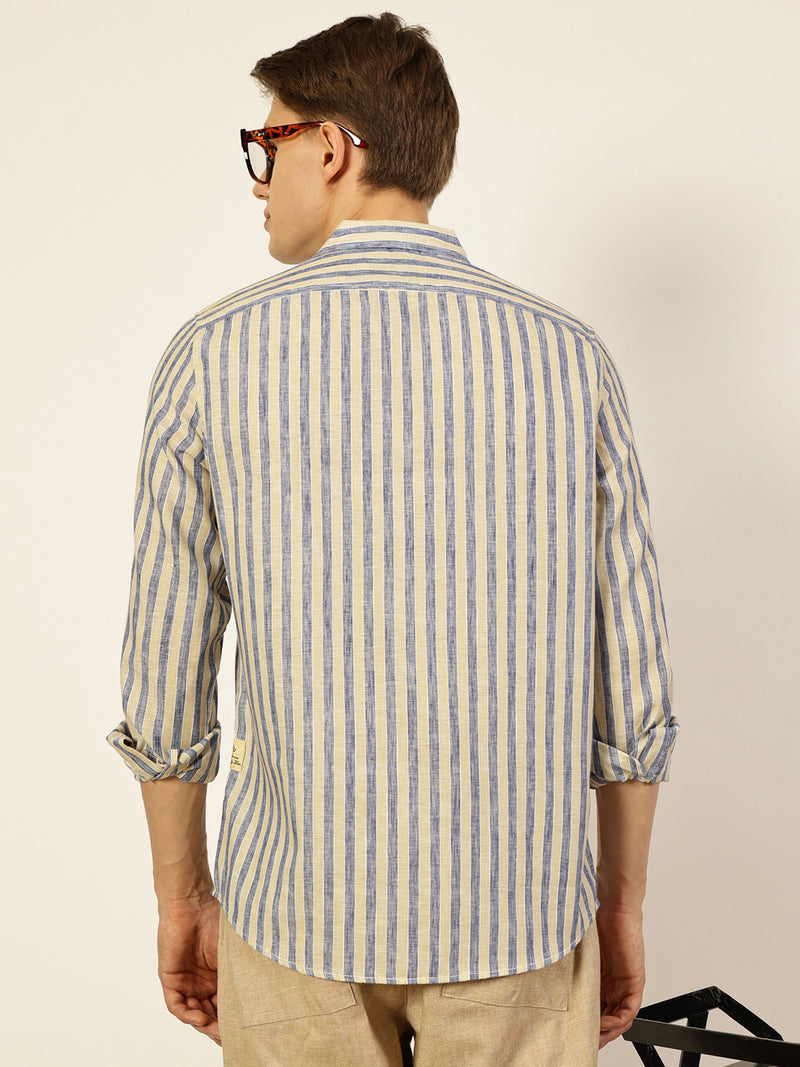 Thomas Scott Men Royal Blue Premium Spread Collar Vertical Striped Linen Slim Fit Casual Shirt