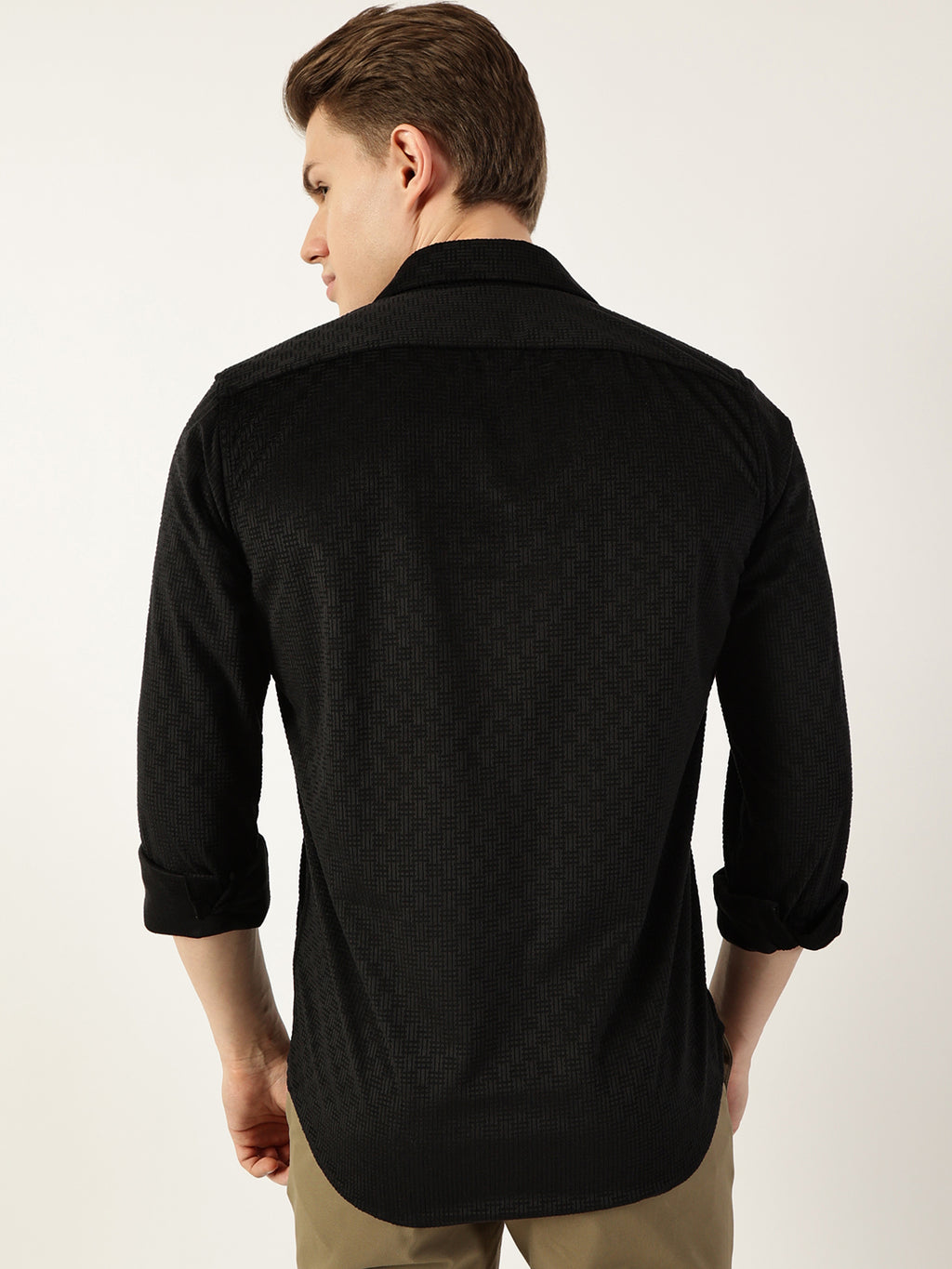 Thomas Scott Men Black Classic Spread Collar Textured Solid Slim Fit Casual Shirt