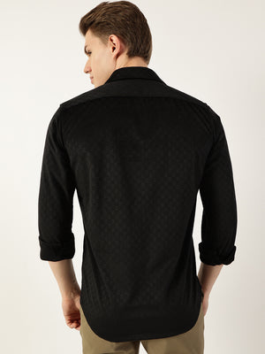 Thomas Scott Men Black Classic Spread Collar Textured Solid Slim Fit Casual Shirt