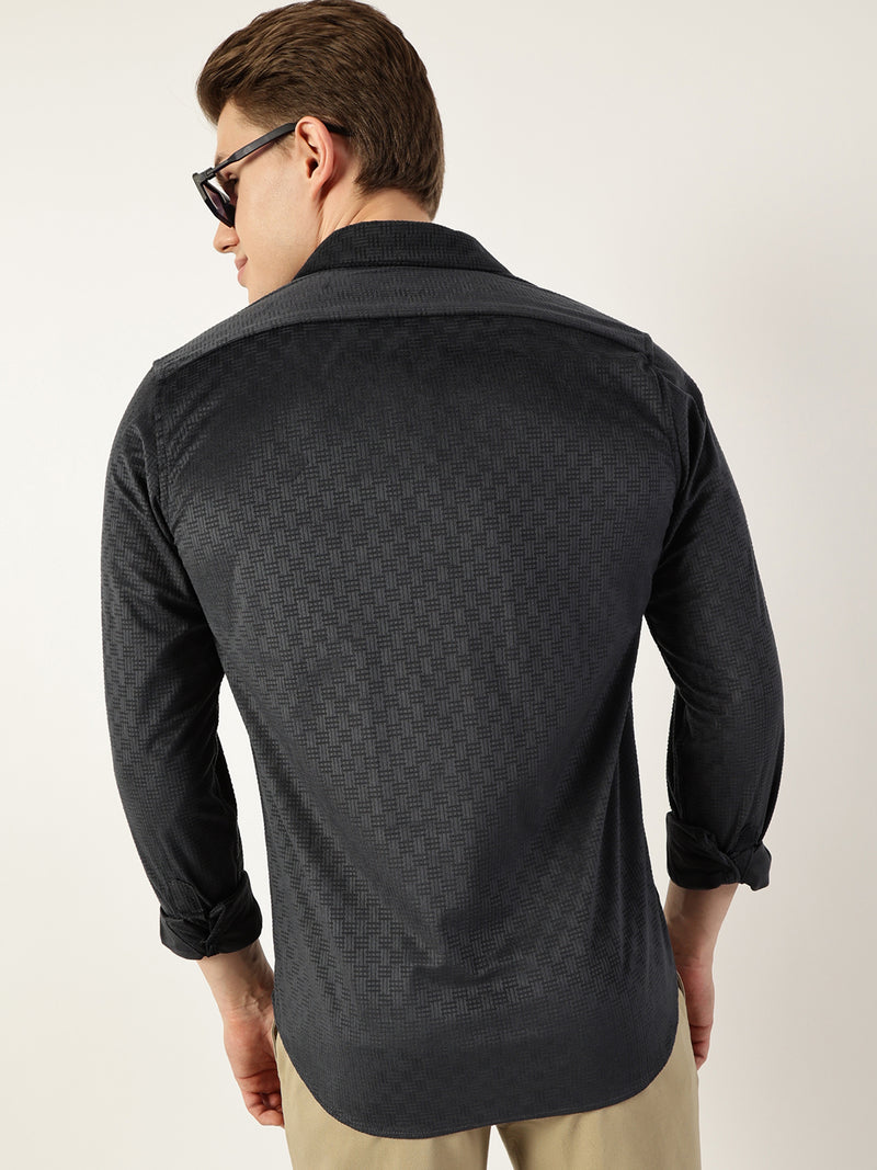 Thomas Scott Men Dark Grey Classic Spread Collar Textured Solid Slim Fit Casual Shirt