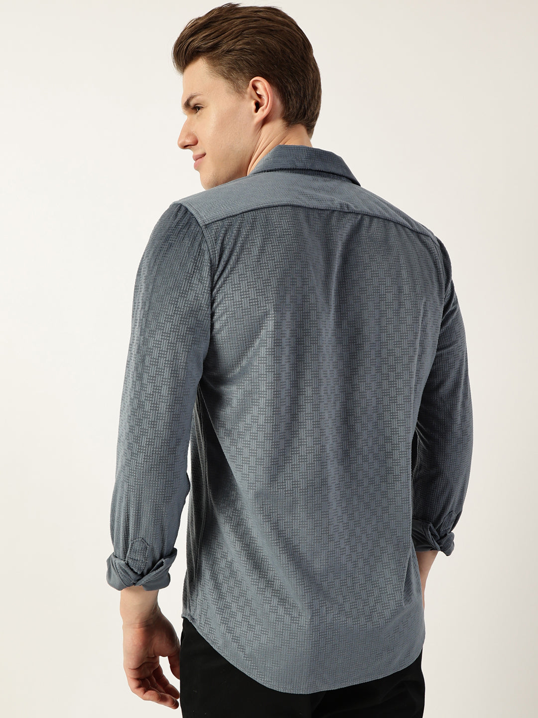 Thomas Scott Men Grey Classic Spread Collar Textured Solid Slim Fit Casual Shirt