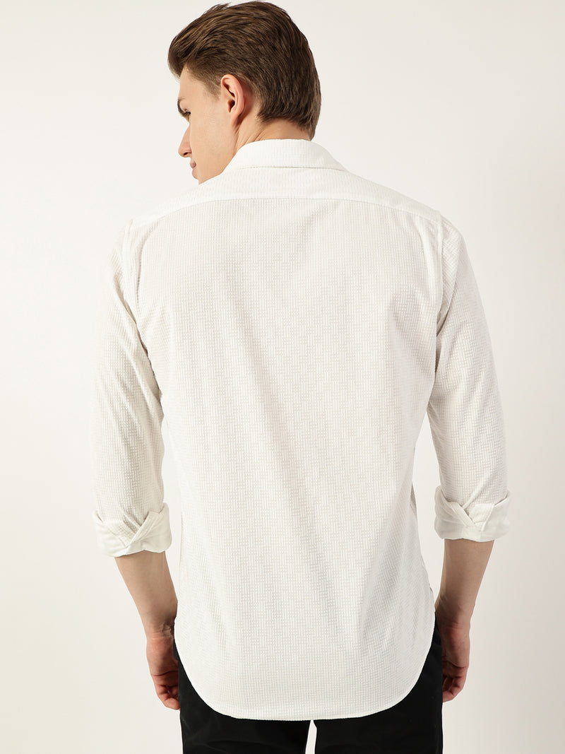 Thomas Scott Men White Classic Spread Collar Textured Solid Slim Fit Casual Shirt