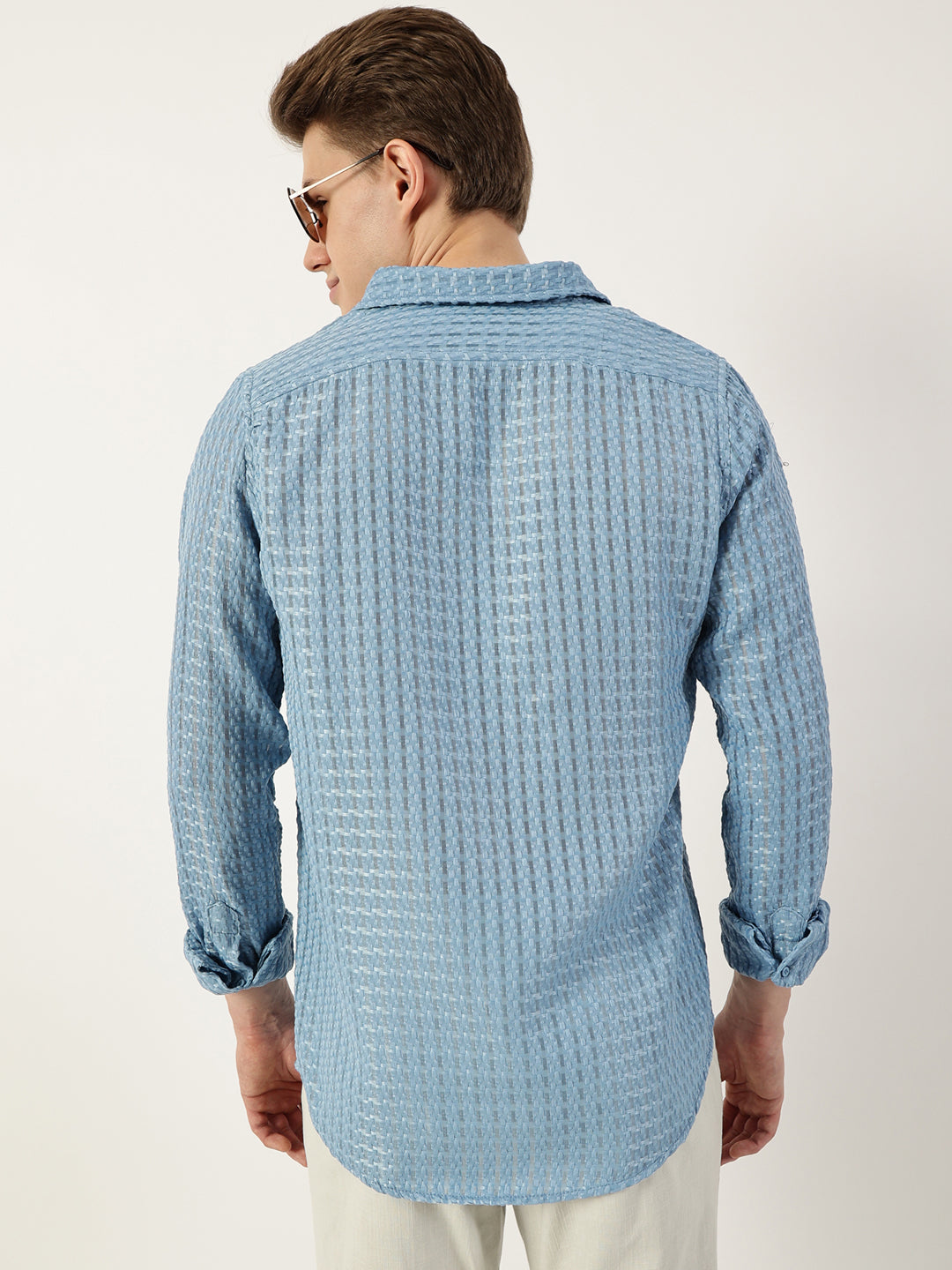 Thomas Scott Men Blue Premium Spread Collar Textured Solid Slim Fit Casual Shirt