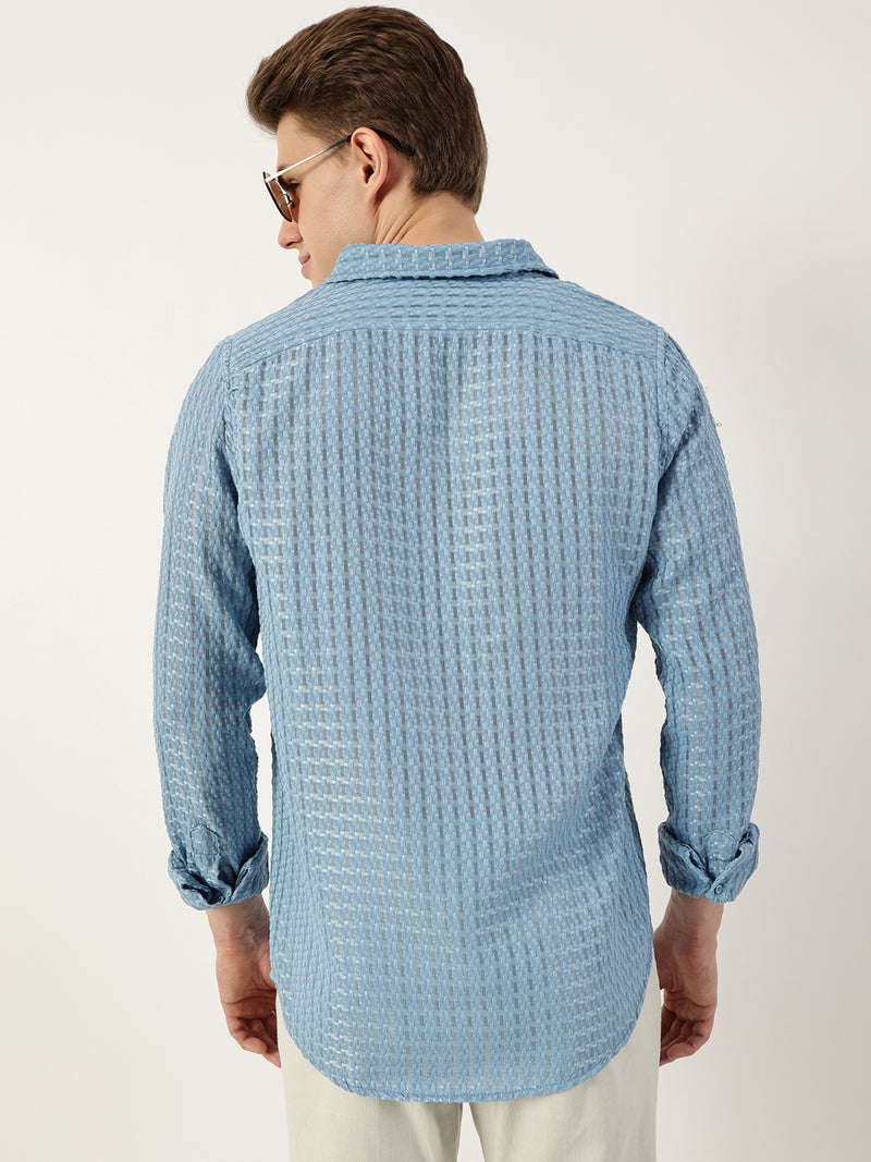 Thomas Scott Men Blue Premium Spread Collar Textured Solid Slim Fit Casual Shirt