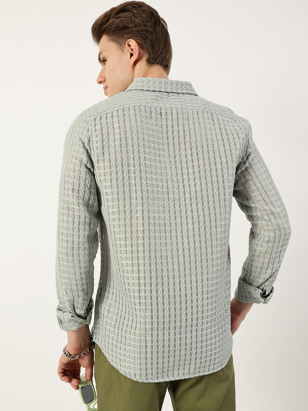 Thomas Scott Men Green Premium Spread Collar Textured Solid Slim Fit Casual Shirt