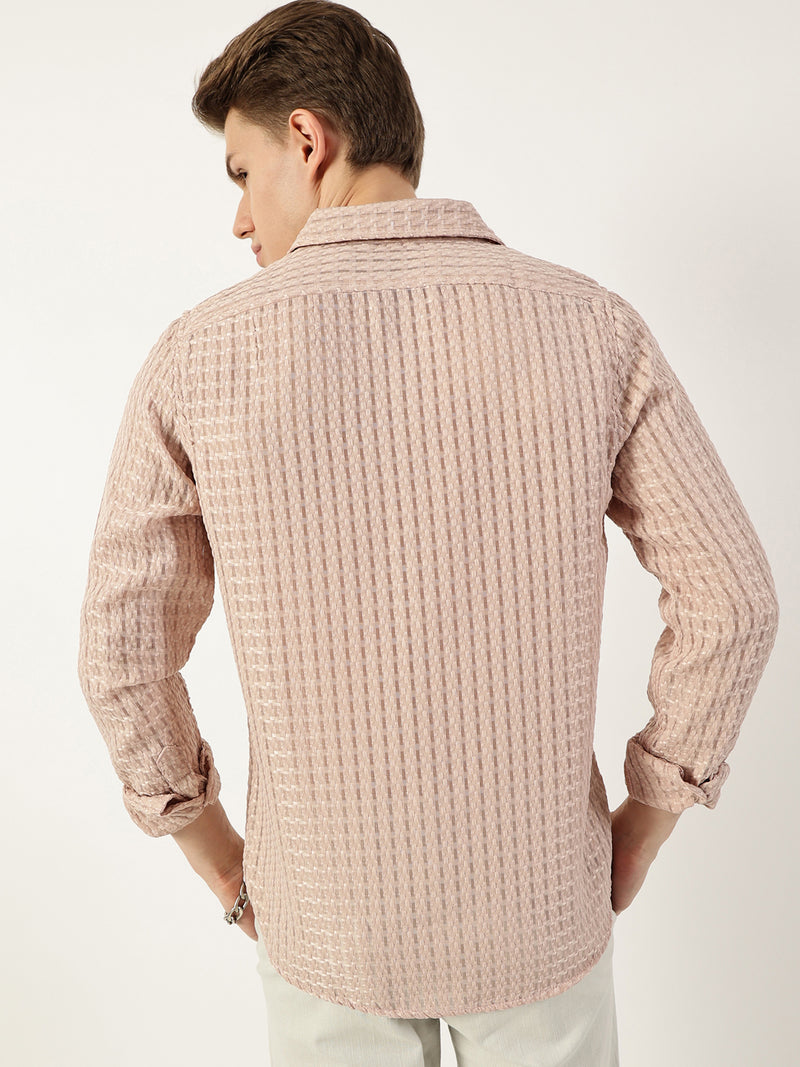 Thomas Scott Men Pink Premium Spread Collar Textured Solid Slim Fit Casual Shirt