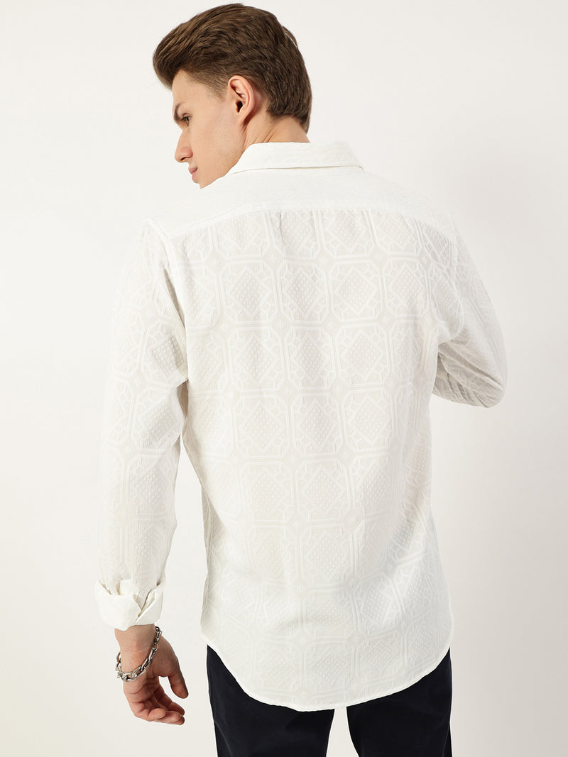Thomas Scott Men White1 Premium Spread Collar Textured Solid Slim Fit Casual Shirt