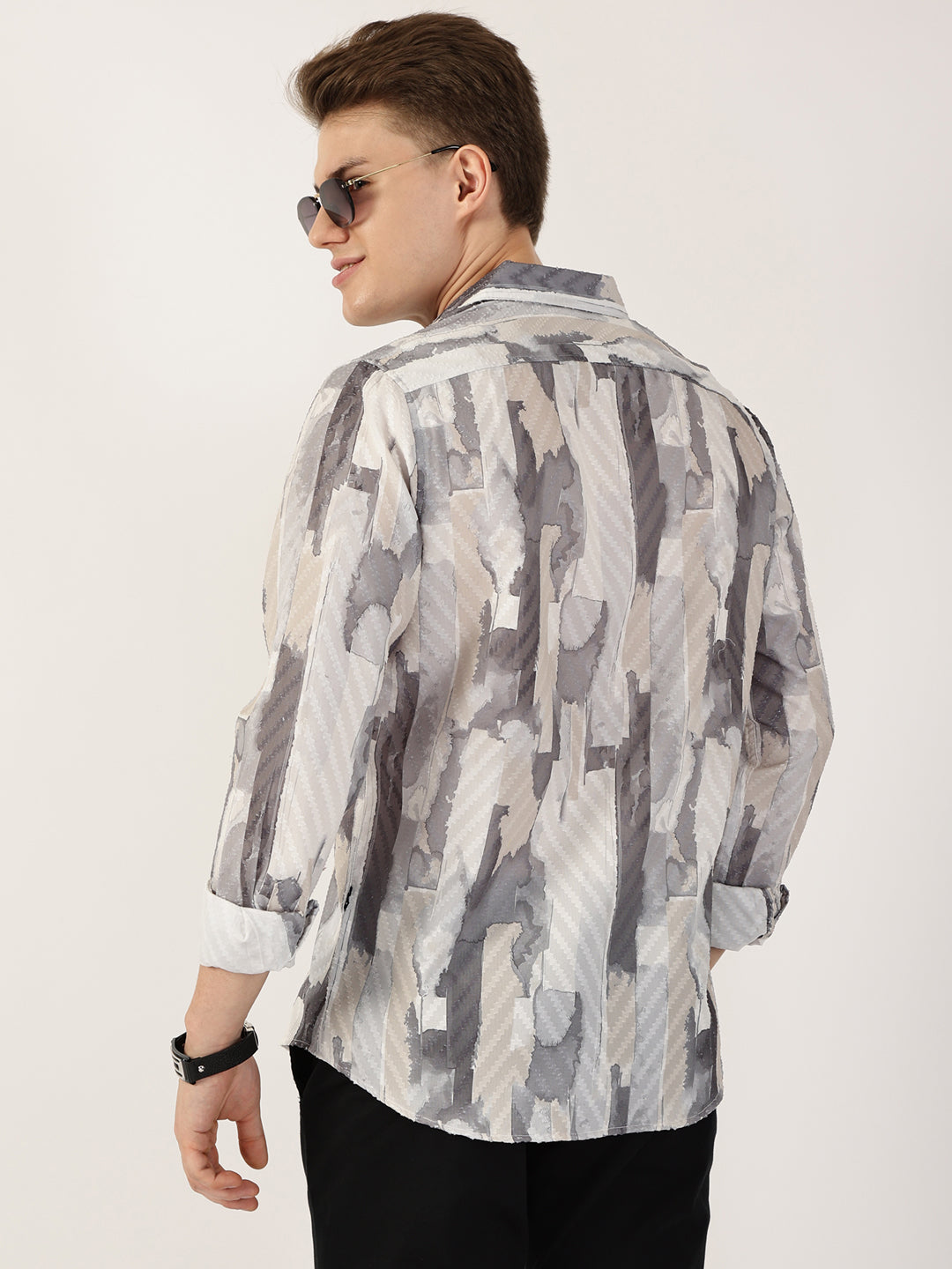 Thomas Scott Men Grey Premium Slim Fit Opaque Printed Casual Shirt