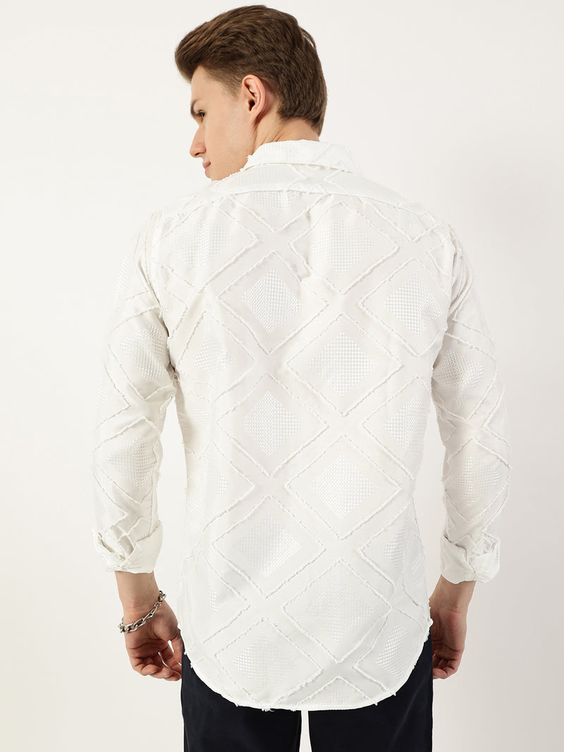 Thomas Scott Men White Premium Spread Collar Graphic Printed Slim Fit Casual Shirt