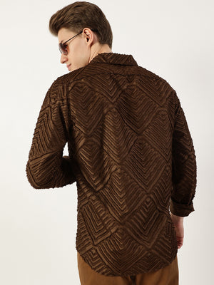 Thomas Scott Men Brown Premium Spread Collar Textured Solid Slim Fit Casual Shirt