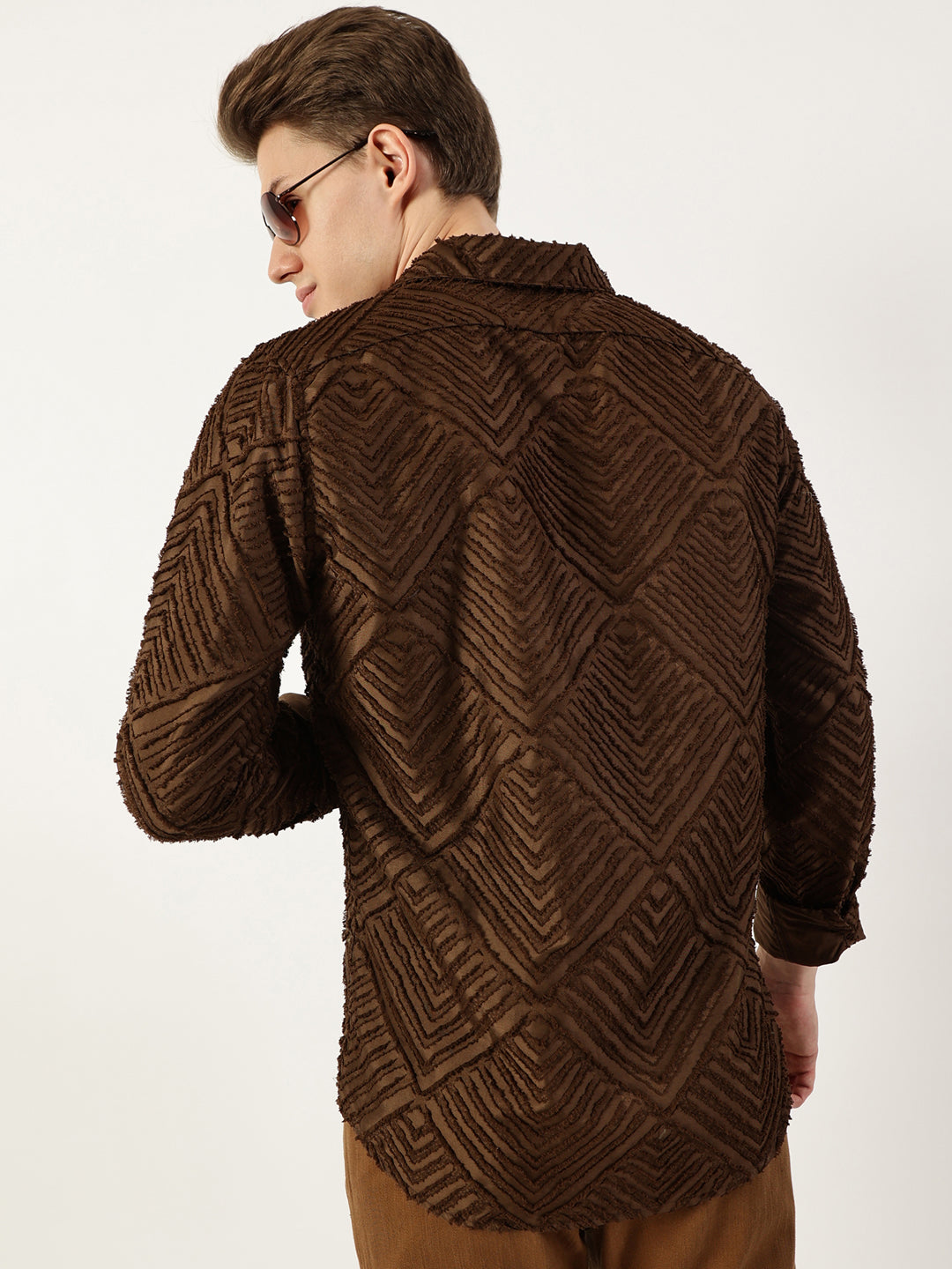 Thomas Scott Men Brown Premium Spread Collar Textured Solid Slim Fit Casual Shirt