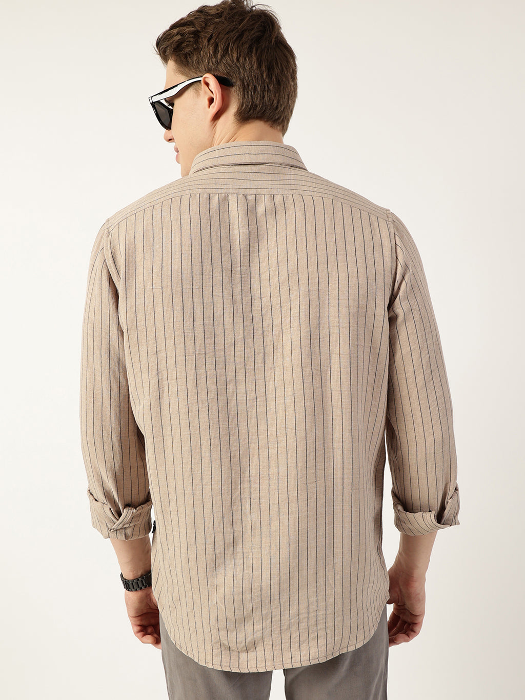 Thomas Scott Men Beige Premium Spread Collar Vertical Striped Slim Fit Casual Shirt