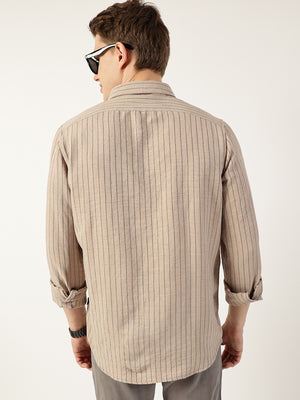 Thomas Scott Men Beige Premium Spread Collar Vertical Striped Slim Fit Casual Shirt