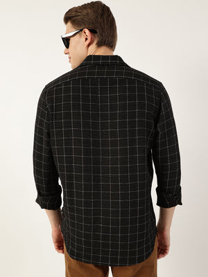 Thomas Scott Men Black Smart Spread Collar Windowpane Checked Slim Fit Casual Shirt