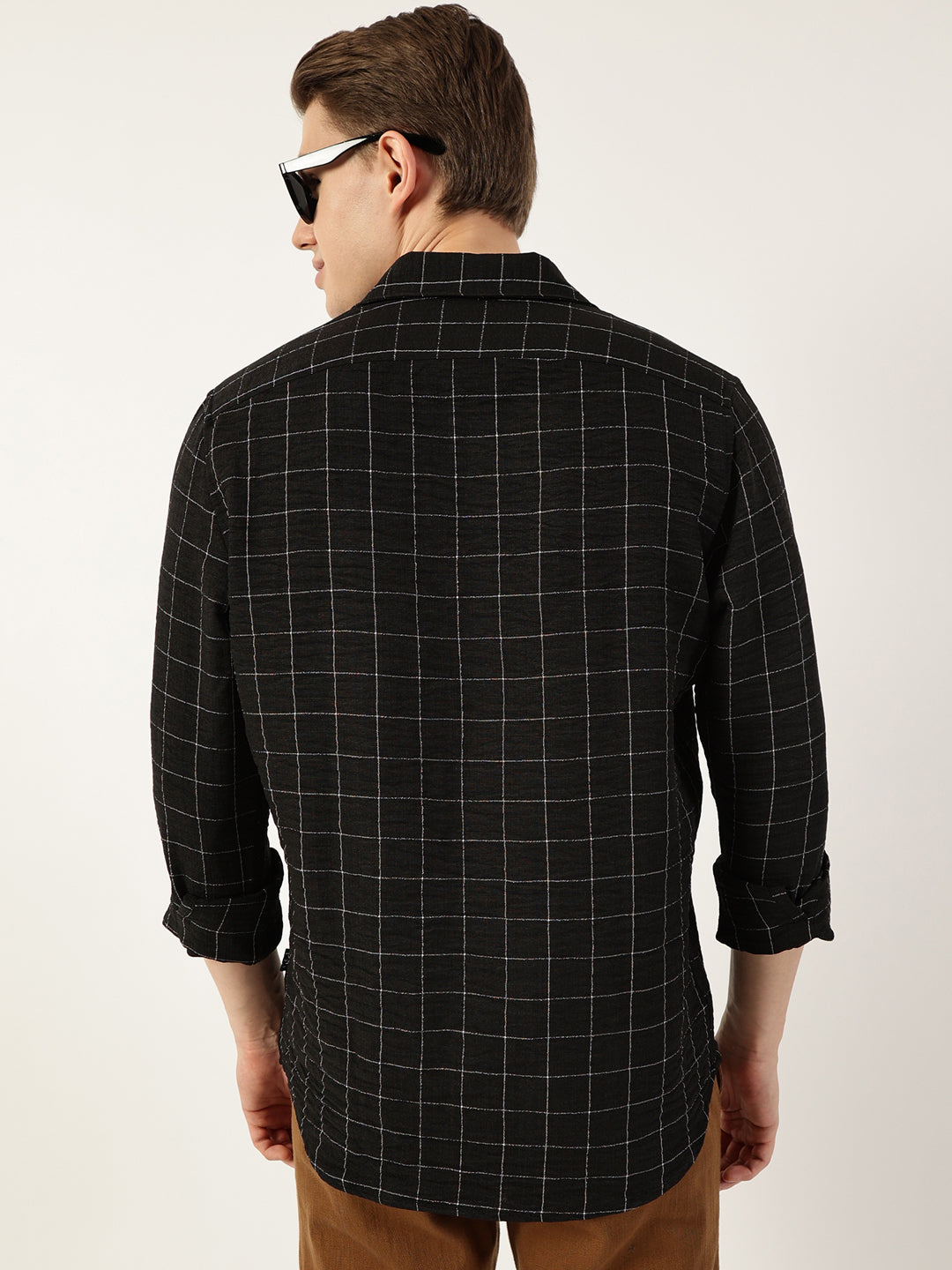 Thomas Scott Men Black Smart Spread Collar Windowpane Checked Slim Fit Casual Shirt