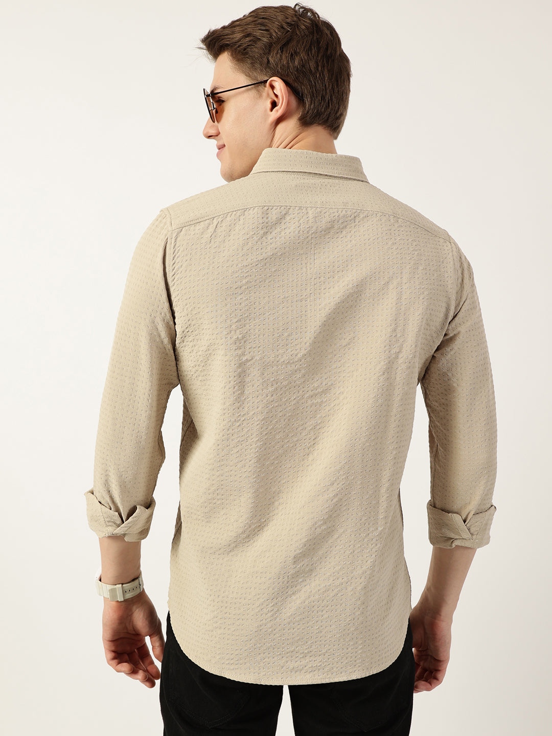 Thomas Scott Men Beige Smart Button-Down Collar Textured Solid Slim Fit Casual Shirt