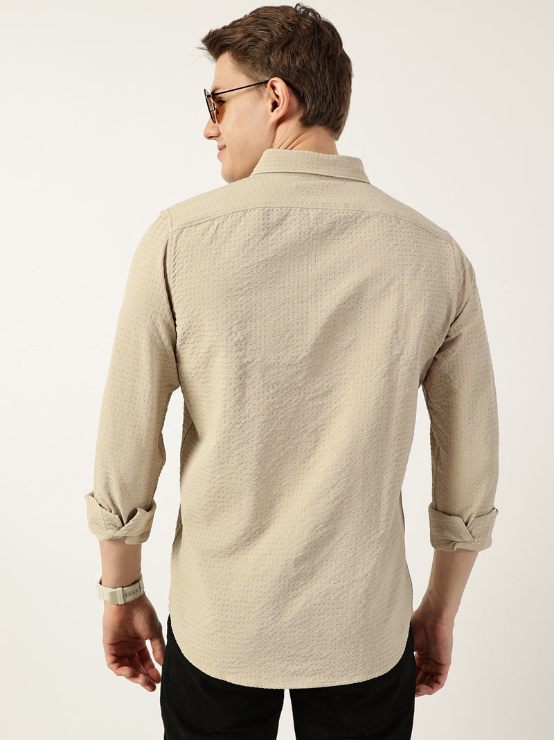 Thomas Scott Men Beige Smart Button-Down Collar Textured Solid Slim Fit Casual Shirt