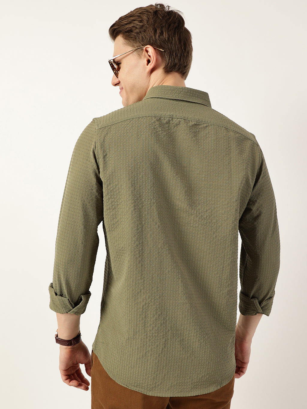 Thomas Scott Men Green Smart Button-Down Collar Textured Slim Fit Casual Shirt