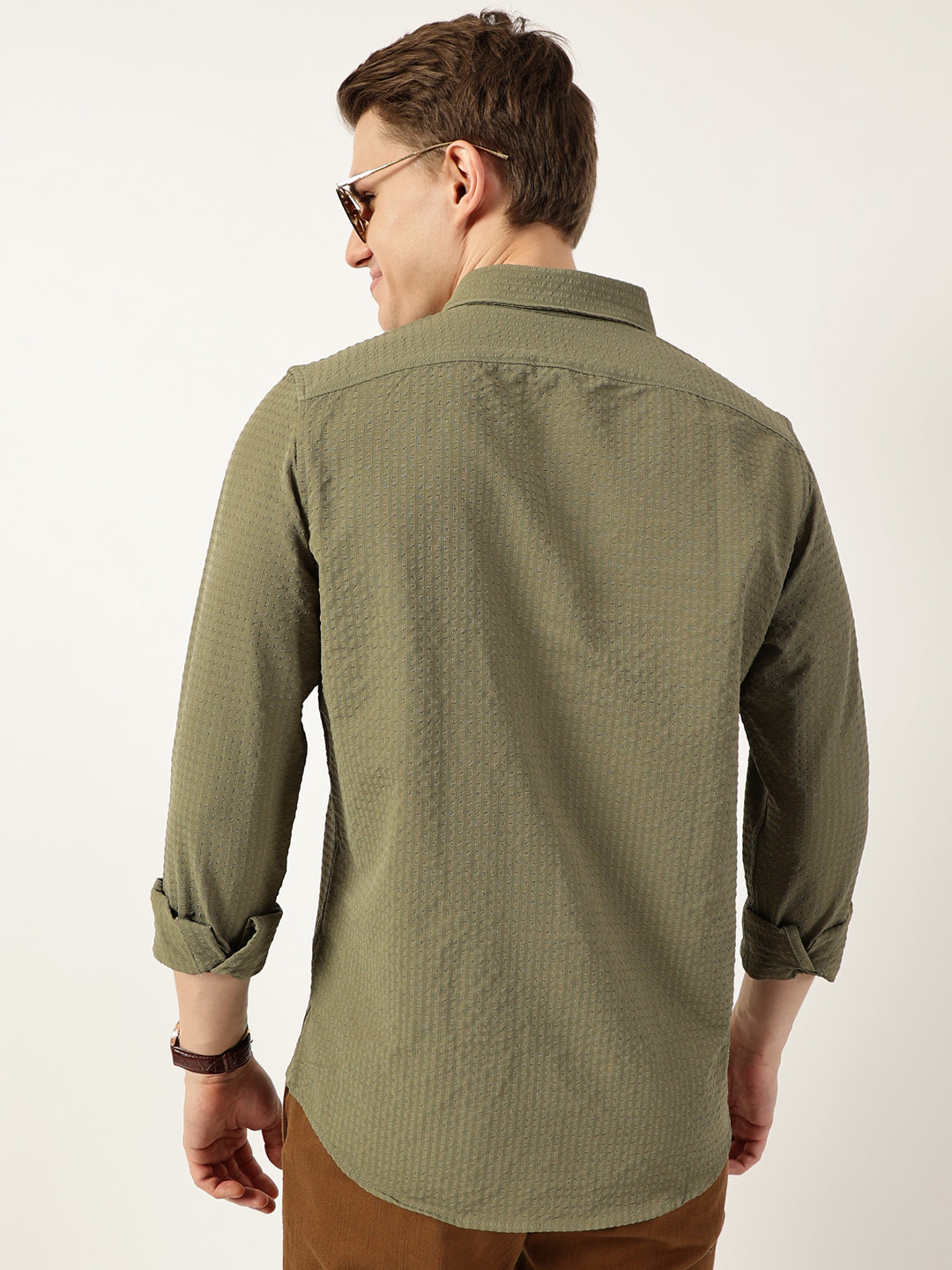 Thomas Scott Men Green Smart Button-Down Collar Textured Slim Fit Casual Shirt