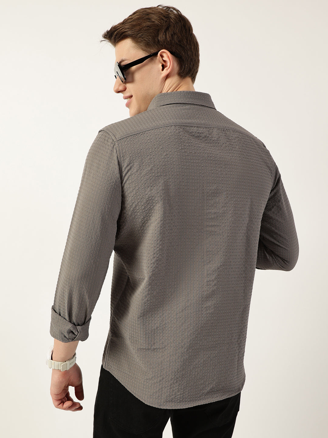 Thomas Scott Men Grey Smart Button-Down Collar Textured Slim Fit Casual Shirt