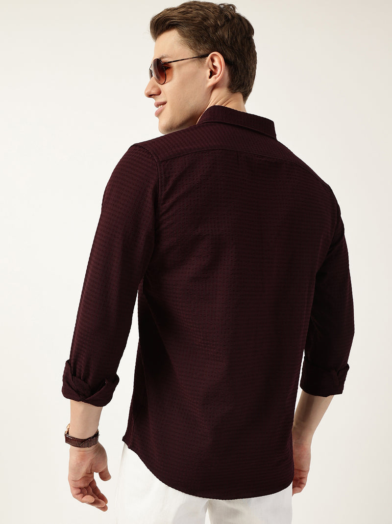 Thomas Scott Men Wine Smart Button-Down Collar Textured Solid Slim Fit Casual Shirt