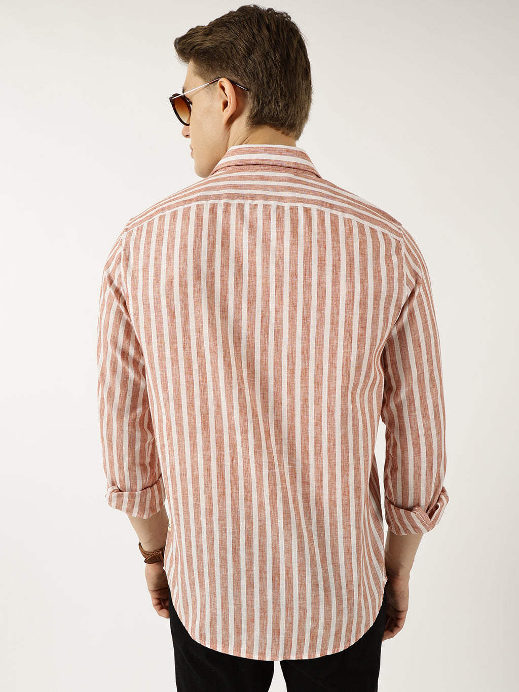 Thomas Scott Men Rust Classic Slim Fit Opaque Striped Casual Shirt