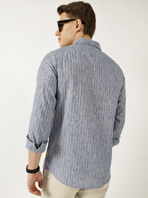 Thomas Scott Men Navy Classic Slim Fit Opaque Striped Casual Shirt