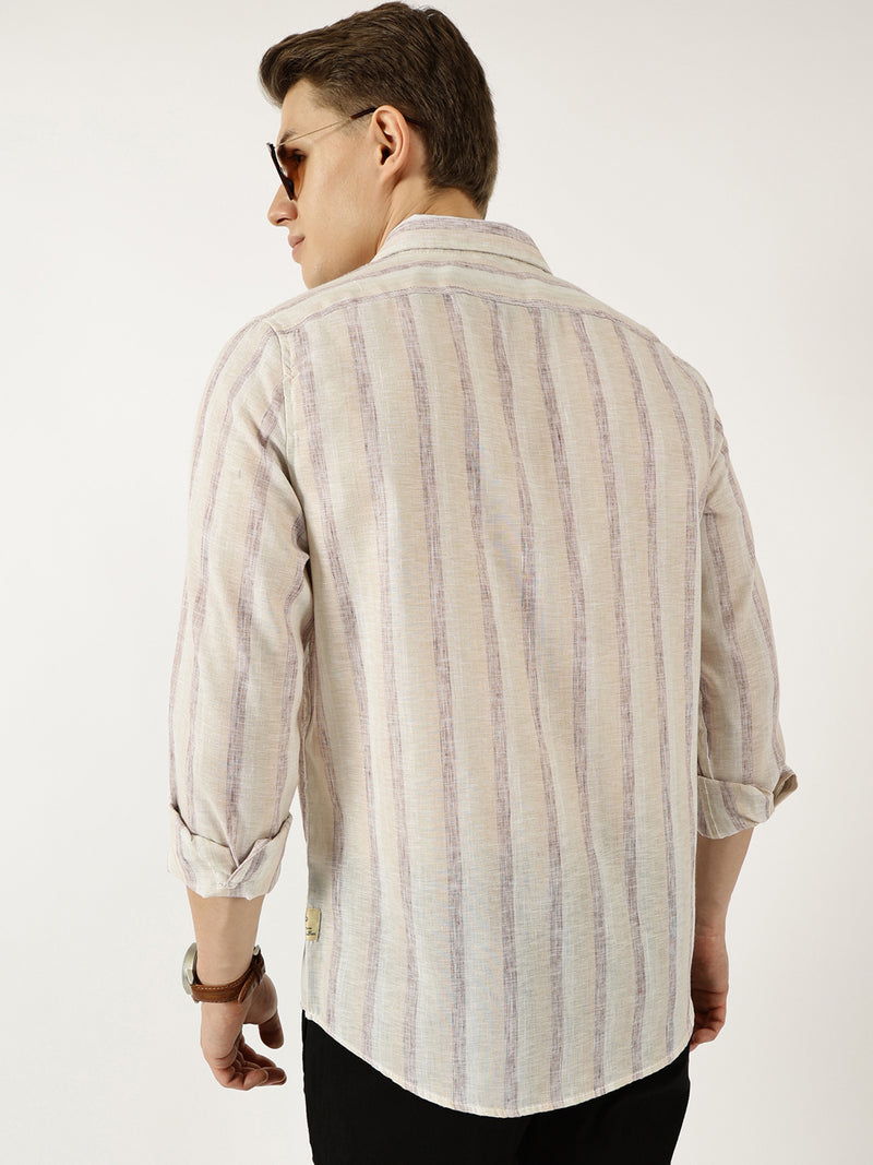 Thomas Scott Men Khaki Classic Spread Collar Vertical Striped Linen Slim Fit Casual Shirt