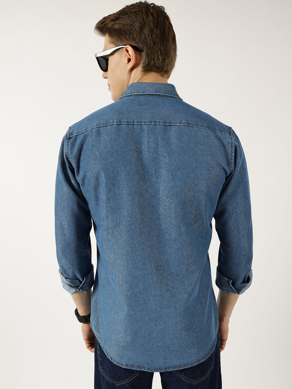 Thomas Scott Men MidBlue Classic Spread Collar Faded Cotton Slim Fit Casual Shirt