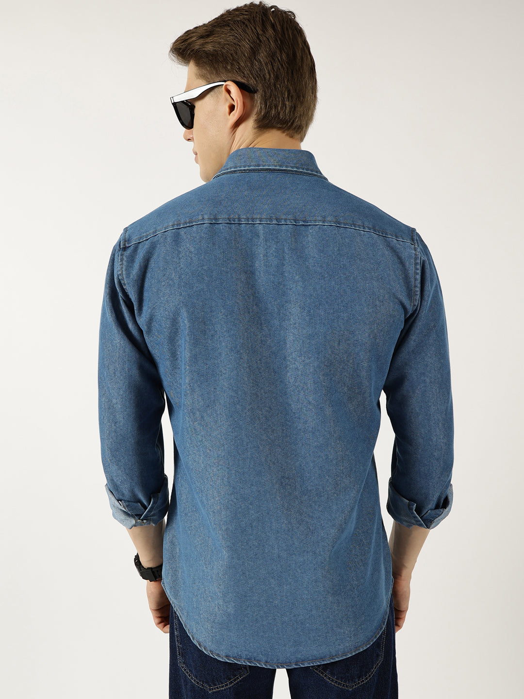 Thomas Scott Men MidBlue Classic Spread Collar Faded Cotton Slim Fit Casual Shirt