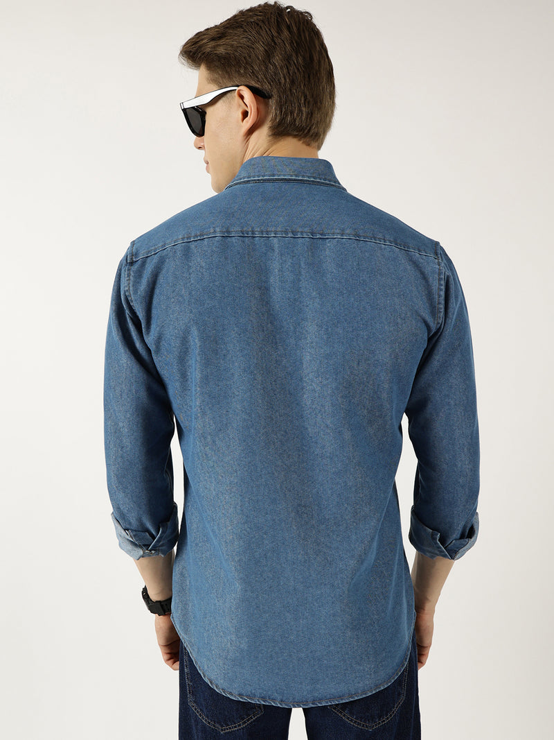 Thomas Scott Men MidBlue Classic Spread Collar Faded Cotton Slim Fit Casual Shirt