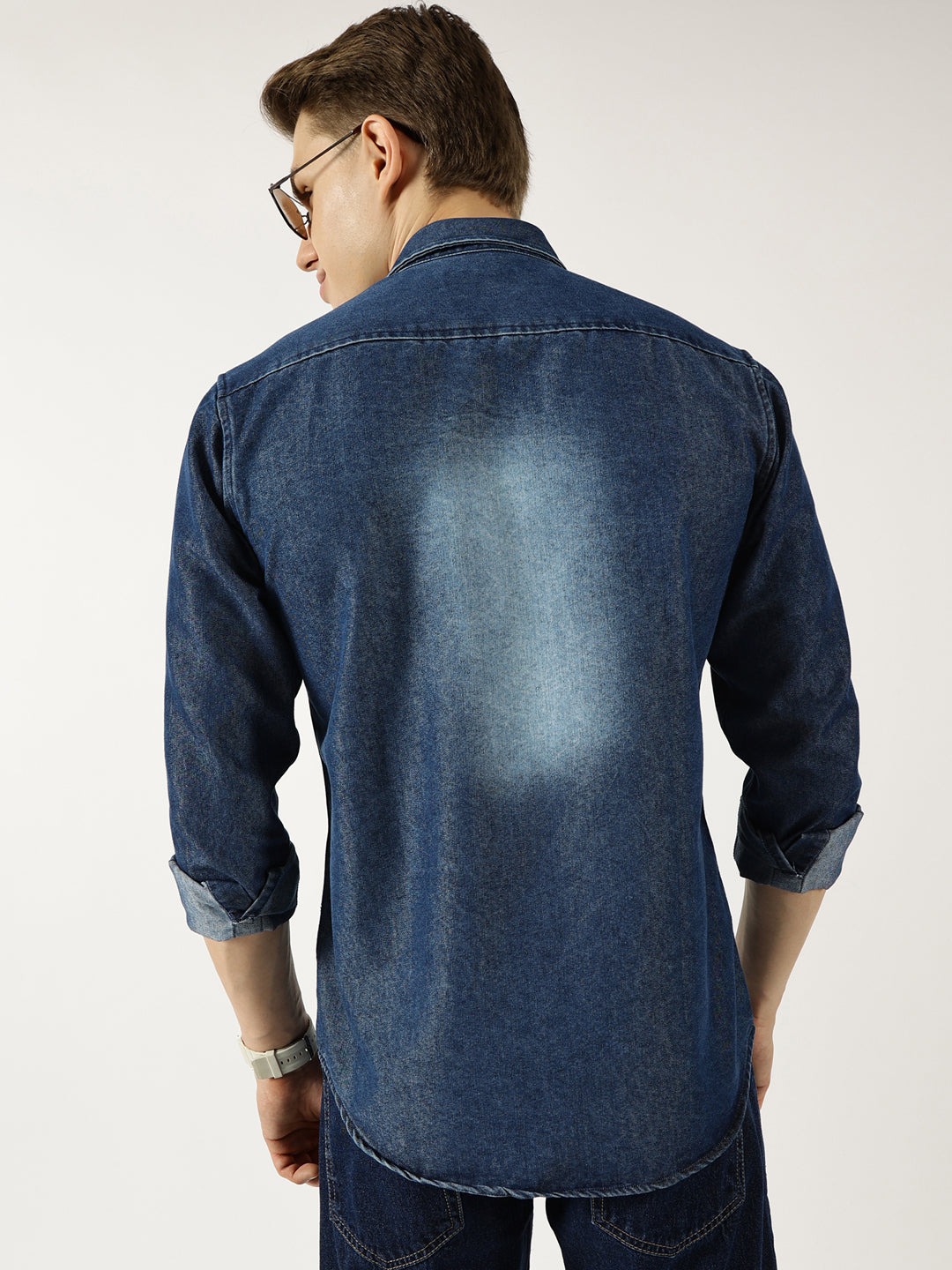Thomas Scott Men DarkBlue Classic Spread Collar Faded Cotton Slim Fit Casual Shirt
