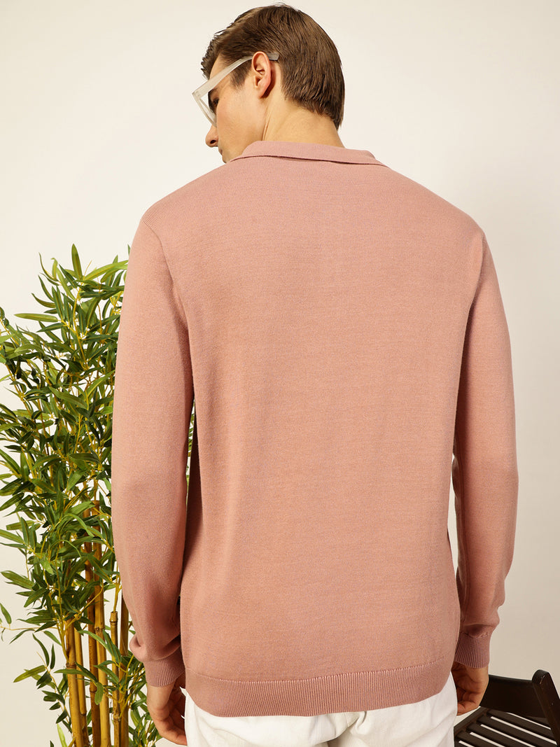 Thomas Scott Men Pink Knit Solid Polo Collar Cotton T-shirt