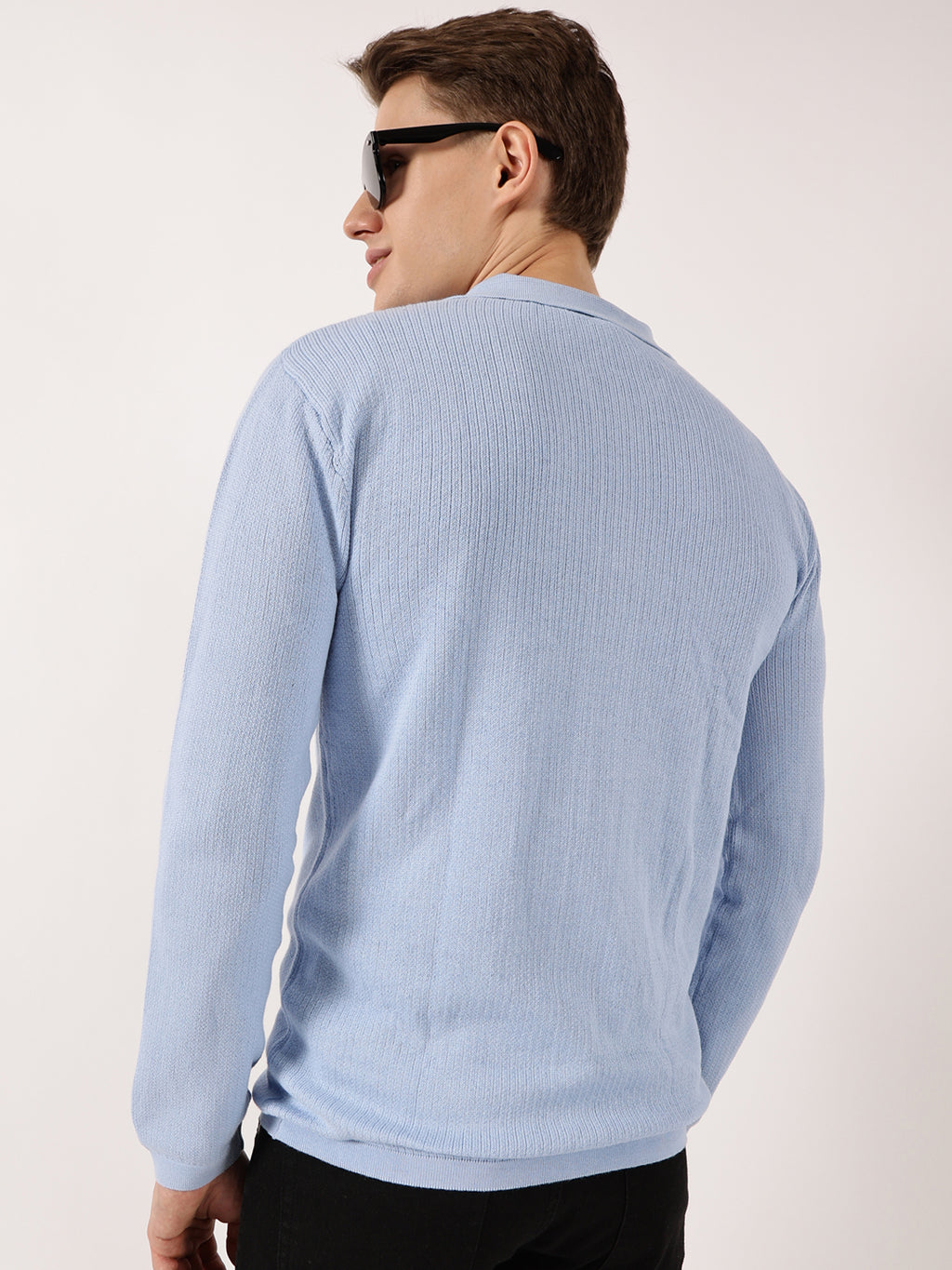 Thomas Scott Men Sky Blue Pure Cotton Ribbed Shirt Collar Cardigan Sweater