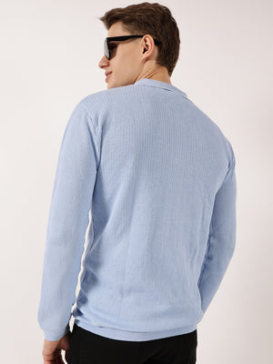 Thomas Scott Men Sky Blue Pure Cotton Ribbed Shirt Collar Cardigan Sweater