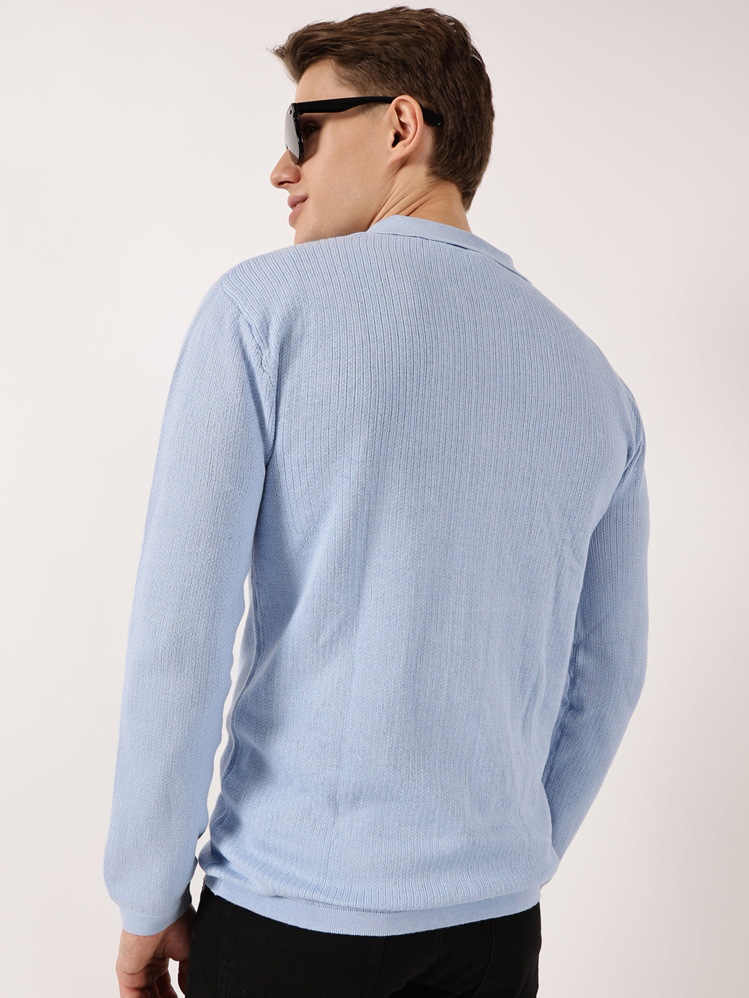 Thomas Scott Men Sky Blue Pure Cotton Ribbed Shirt Collar Cardigan Sweater