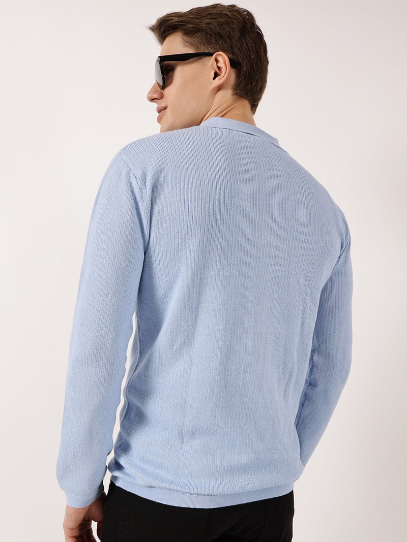 Thomas Scott Men Sky Blue Pure Cotton Ribbed Shirt Collar Cardigan Sweater
