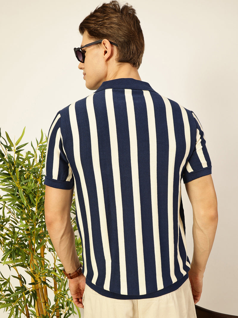 Thomas Scott Men Navy Blue Bio Finish Striped Polo Collar Cotton T-shirt