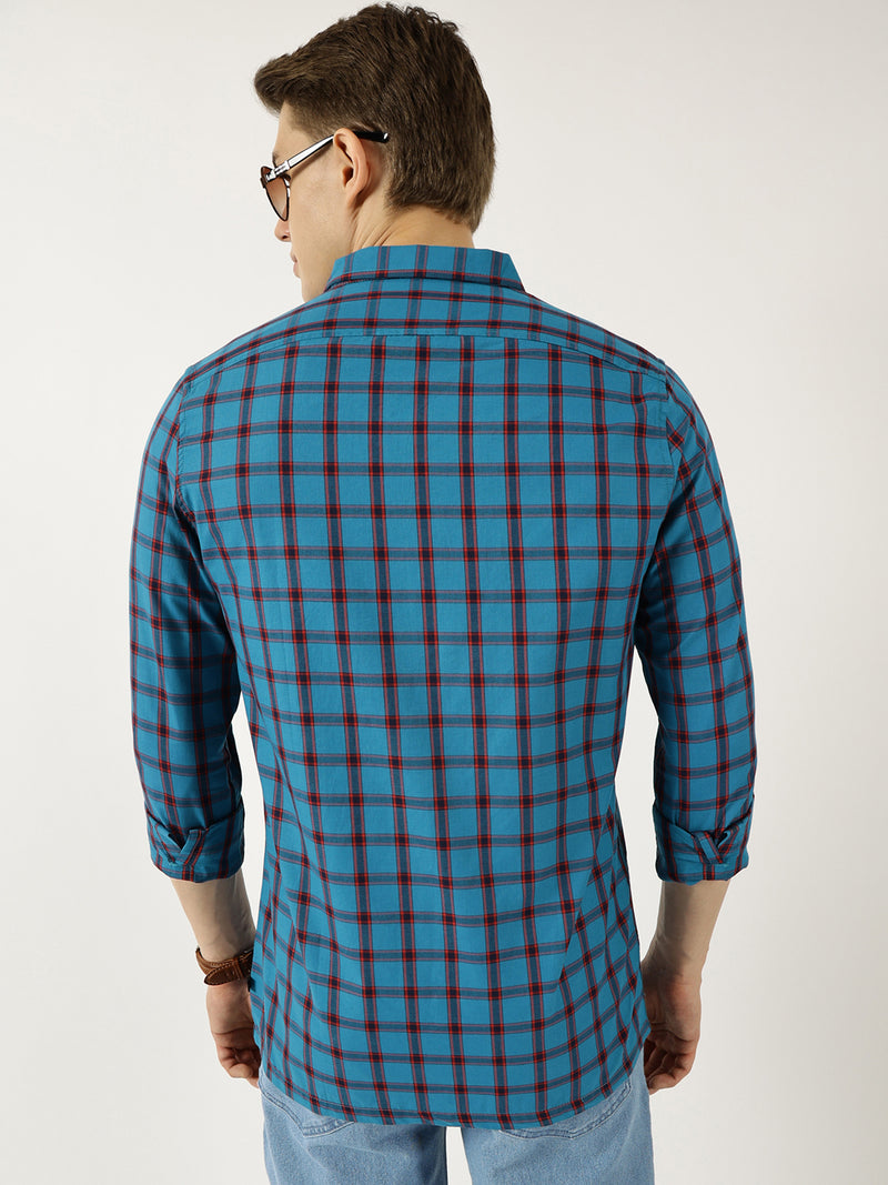 Thomas Scott Men Teal Classic Spread Collar Windowpane Checked Cotton Slim Fit Casual Shirt
