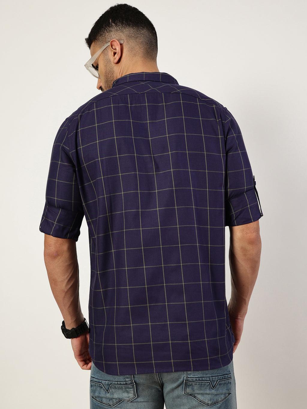 Thomas Scott Men Navy Blue Premium Slim Fit Opaque Checked Casual Shirt