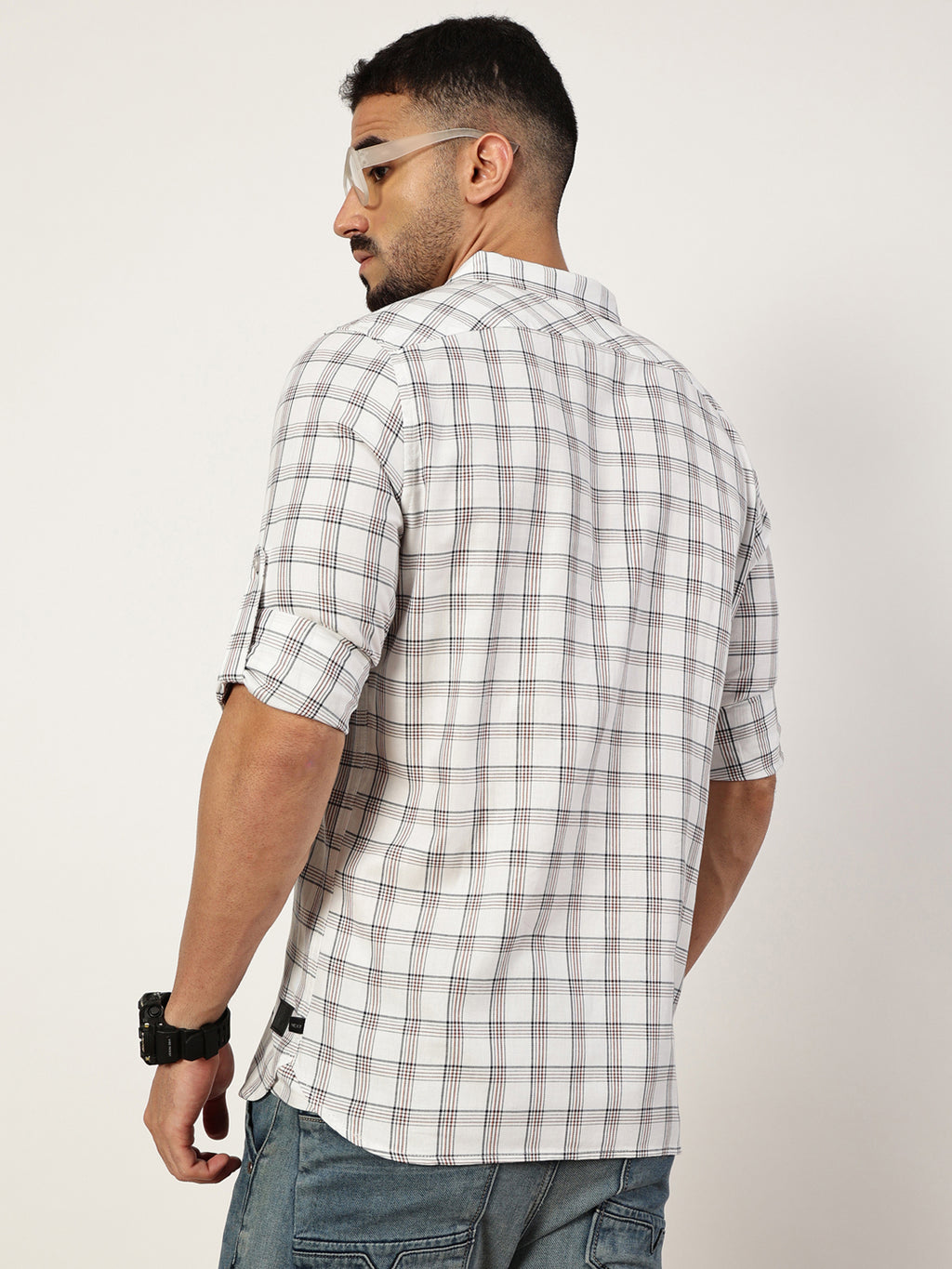 Thomas Scott Men White1 Premium Slim Fit Opaque Checked Casual Shirt