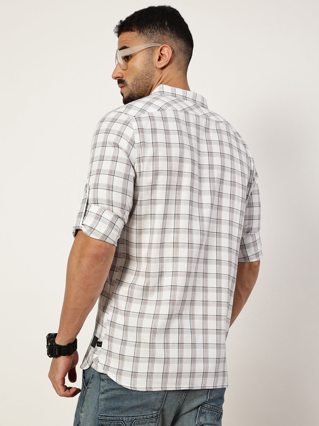Thomas Scott Men White1 Premium Slim Fit Opaque Checked Casual Shirt