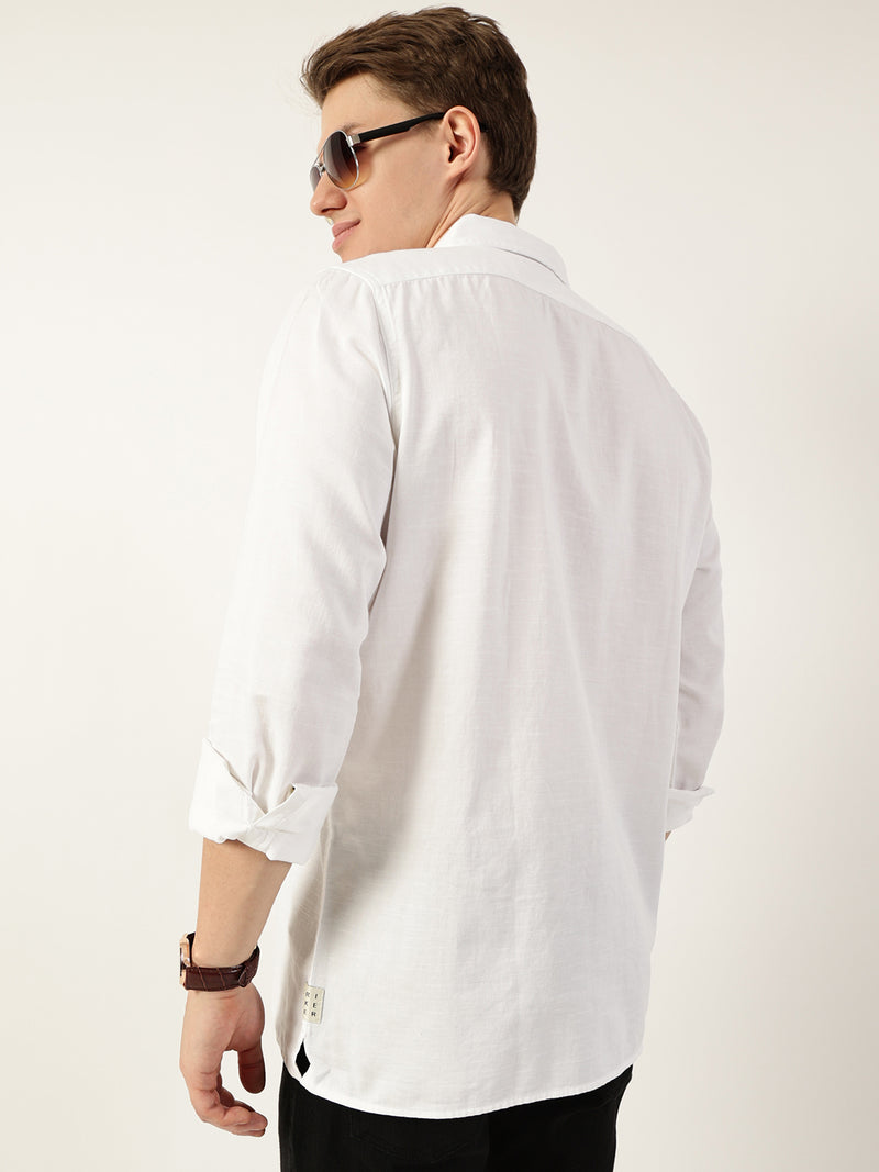 Thomas Scott Men White Classic Spread Collar Solid Cotton Casual Shirt